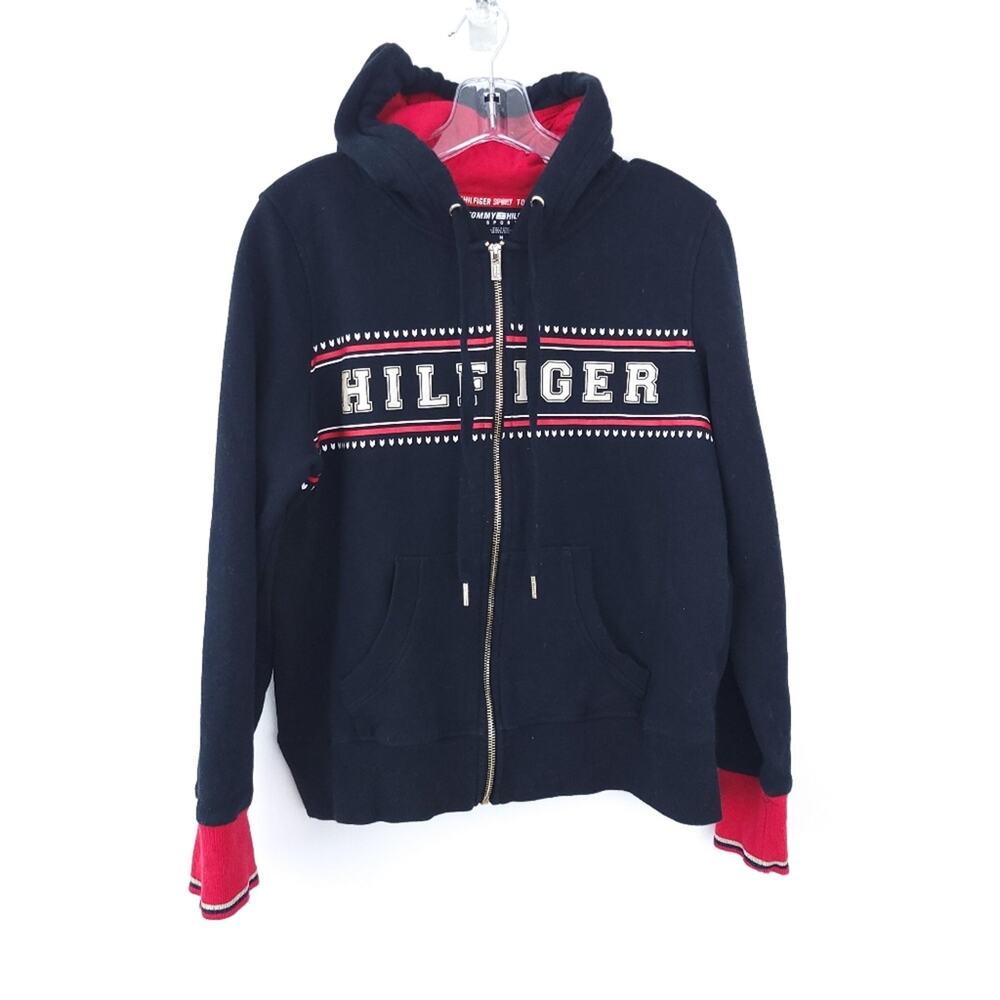 Tommy Hilfiger Sport Hoodie Medium Women Sweatshirt Spellout Logo Navy Blue Red